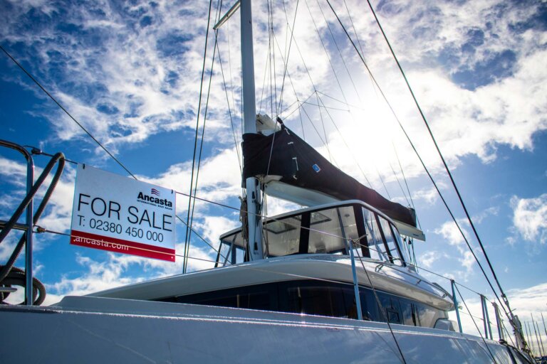 Sailing catamaran for sale with Ancasta, showcasing spacious multihull design and open deck areas.