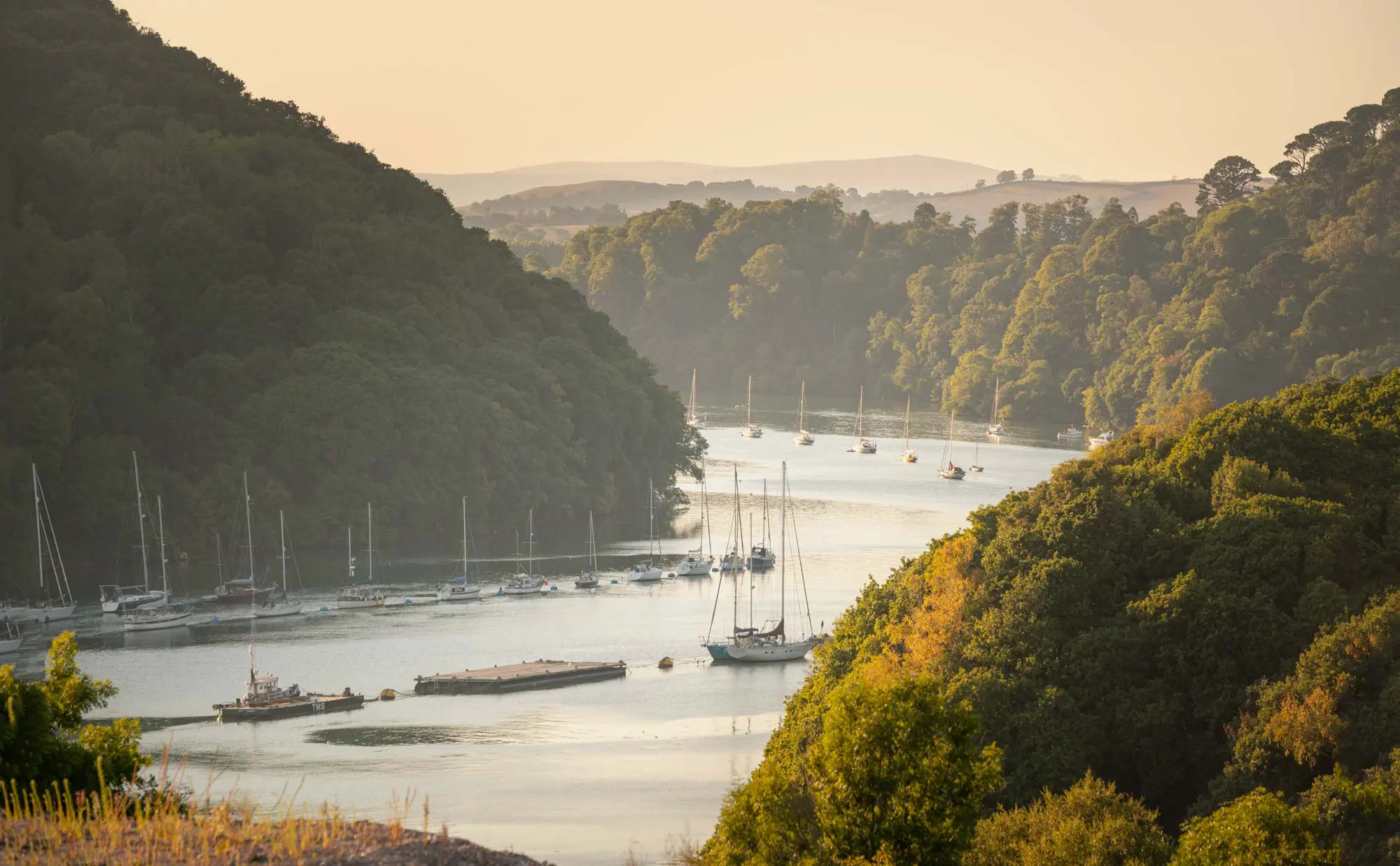 shot over looking noss on dart with rang of sailing yachts on the river